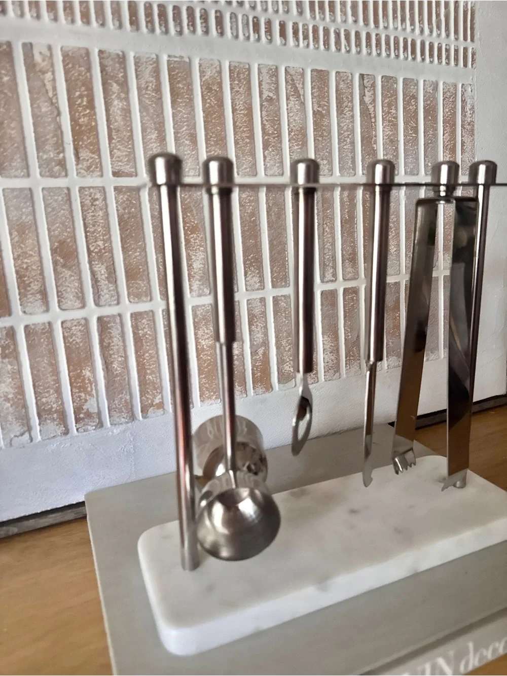 Vintage Set of Hanging Cocktail Stainless Steel Tools in Marble Base